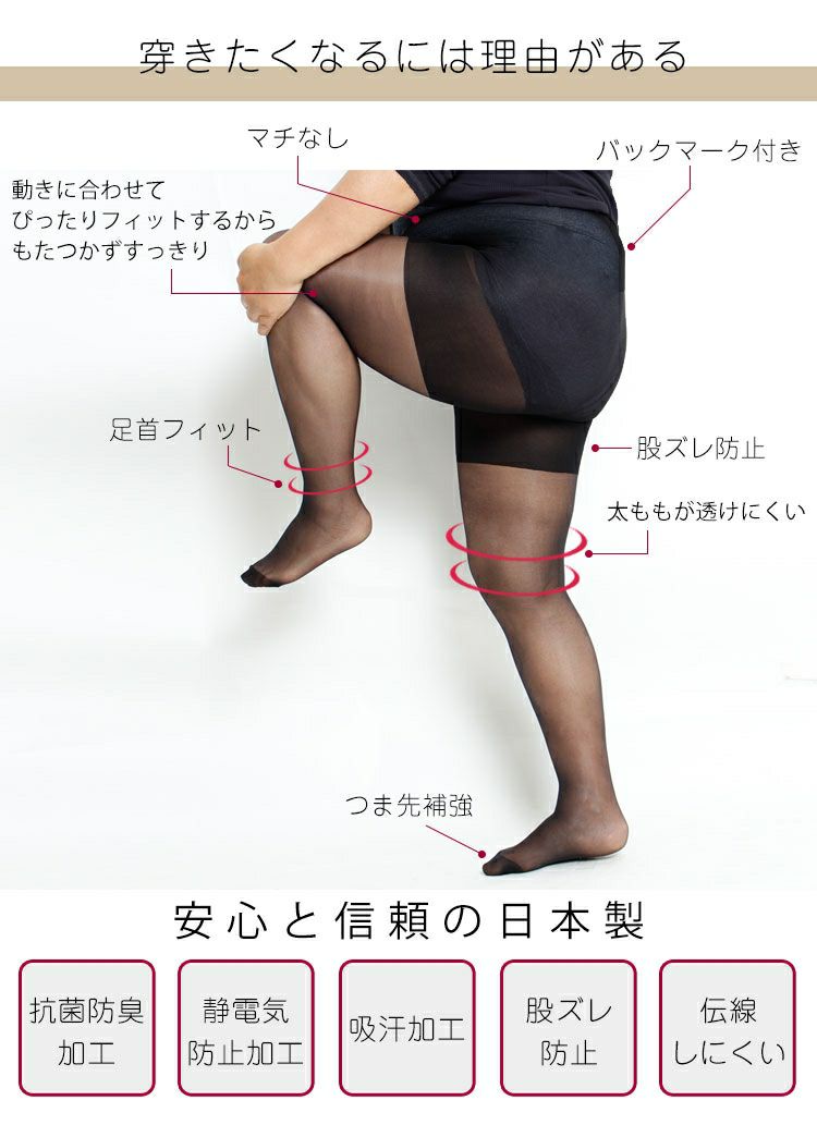大きいサイズ レディース ストッキング ビッグサイズ股ズレ防止 股ずれ 股擦れ 股ヅレ 【日本製ストッキング】 pure-001 【メール便可】