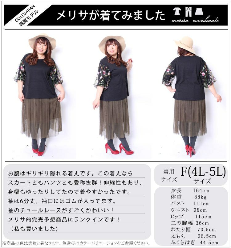 大きいサイズ レディース 刺繍ボリューム袖トップス gold556