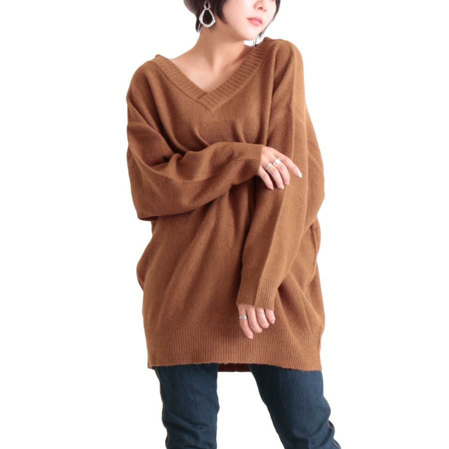 大きいサイズ レディース ドロップショルダーVネックニット　suri-3096 テラコッタ