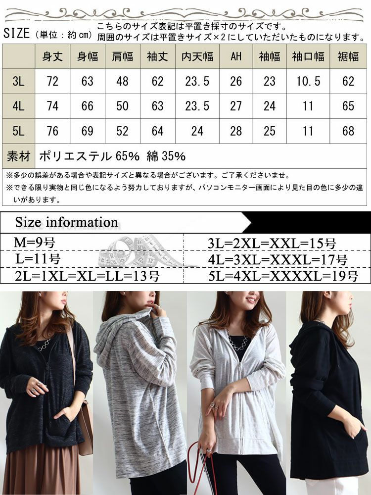 大きいサイズ レディース UV対策吸湿速乾ジップアップパーカー　map-79l