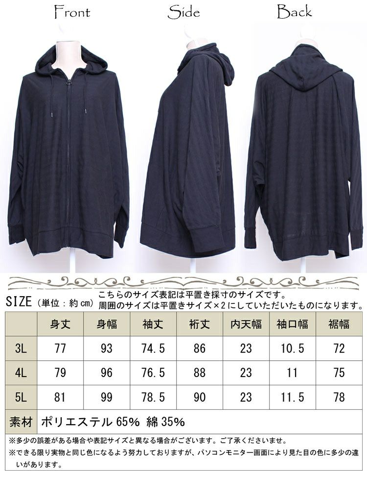 大きいサイズ レディース UV対策吸湿速乾ドルマンジップアップパーカー　map-348l