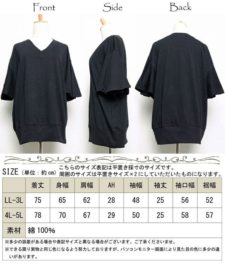 大きいサイズ レディース フレアスリーブコットンカットソー　wk-0104【メール便可】