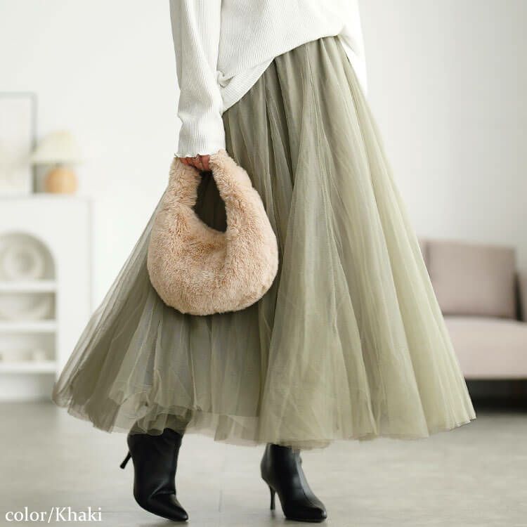 大きいサイズ レディース 配色ゴムベルトチュールスカート　af-1914010