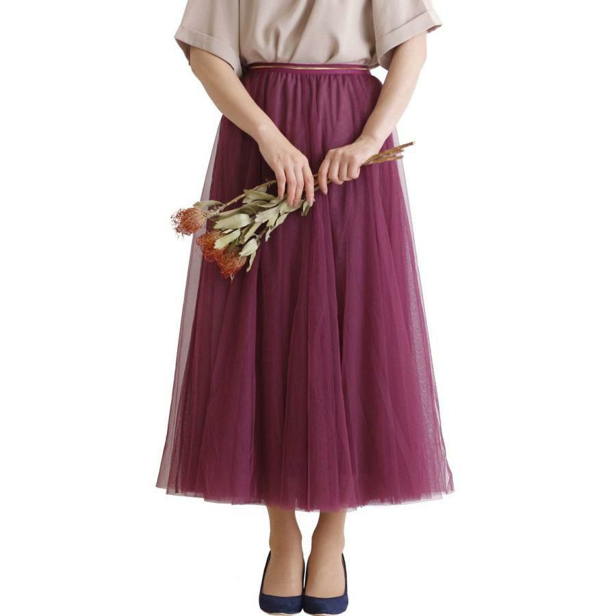 大きいサイズ レディース 配色ゴムベルトチュールスカート　af-1914010 パープル