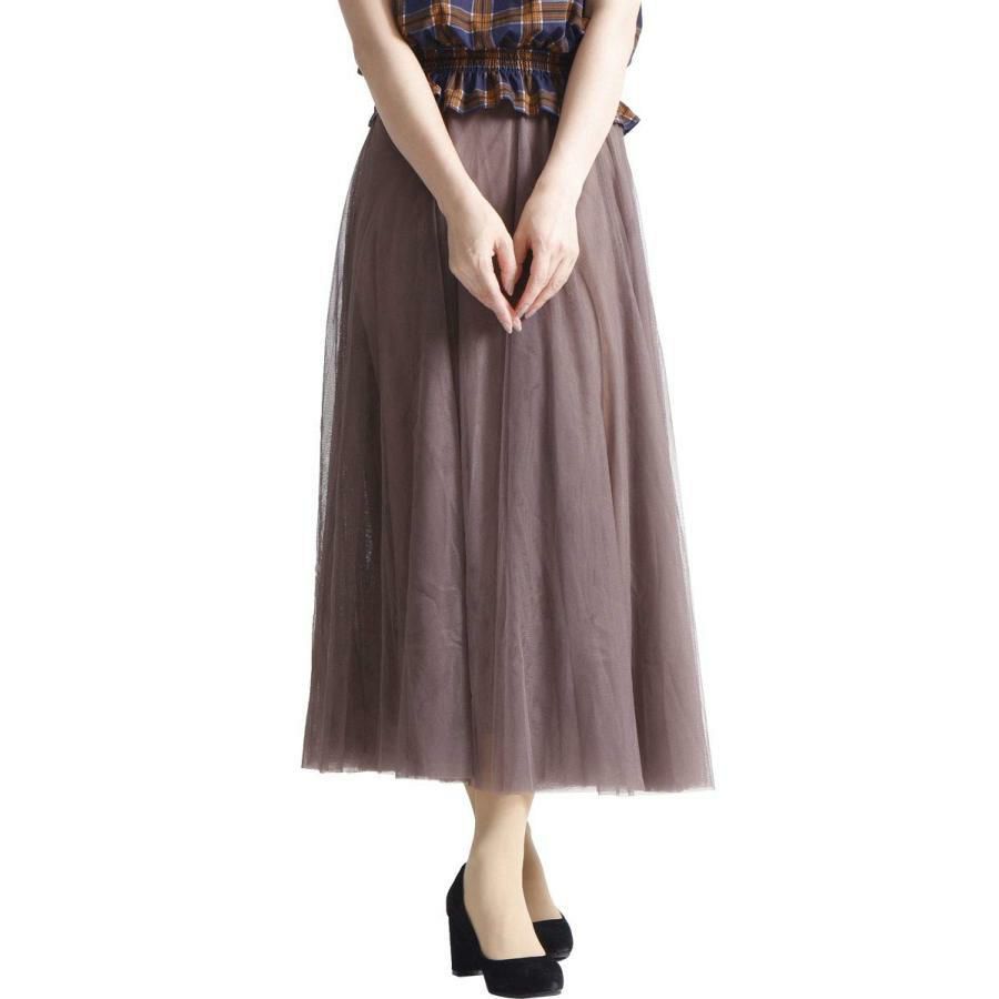 大きいサイズ レディース 配色ゴムベルトチュールスカート　af-1914010 ブラウン