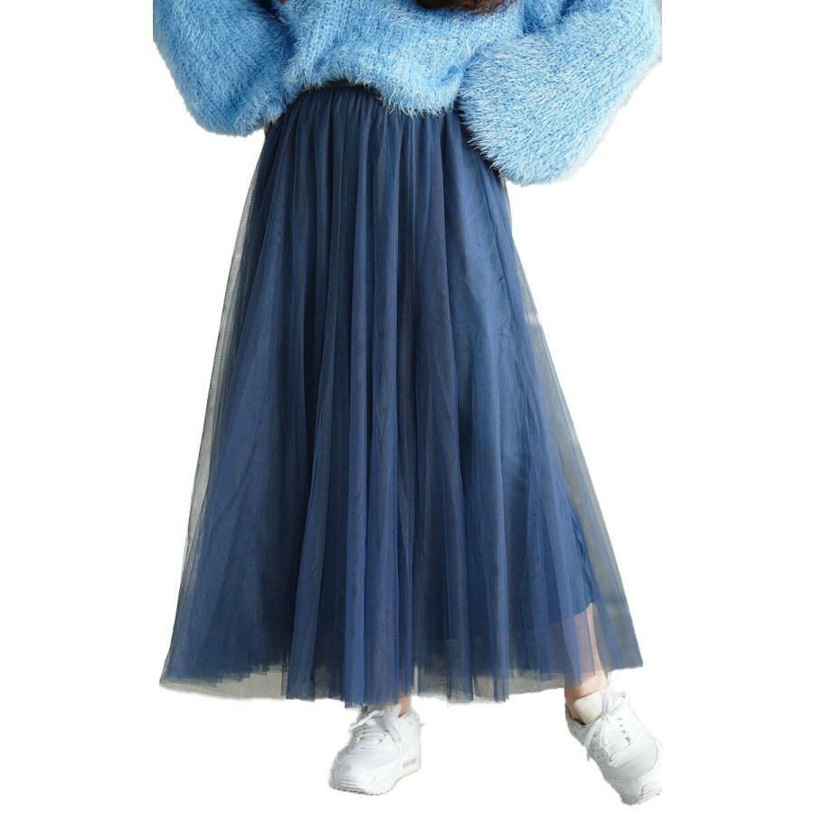 大きいサイズ レディース 配色ゴムベルトチュールスカート　af-1914010 ネイビー