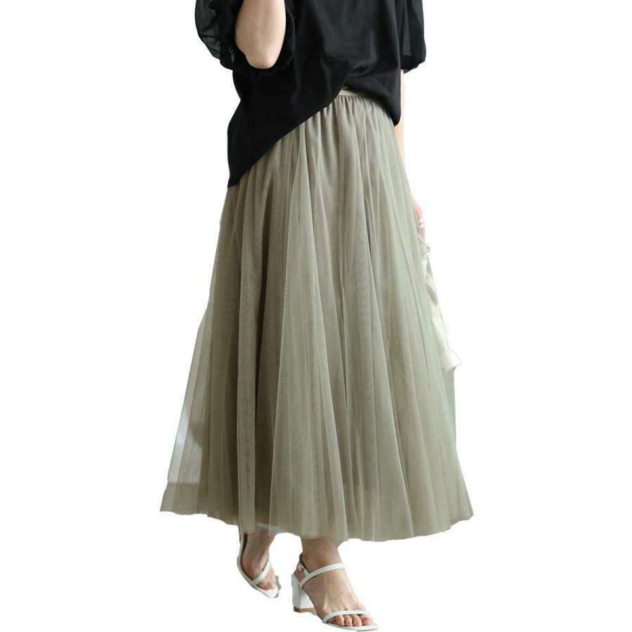 大きいサイズ レディース 配色ゴムベルトチュールスカート　af-1914010 カーキ