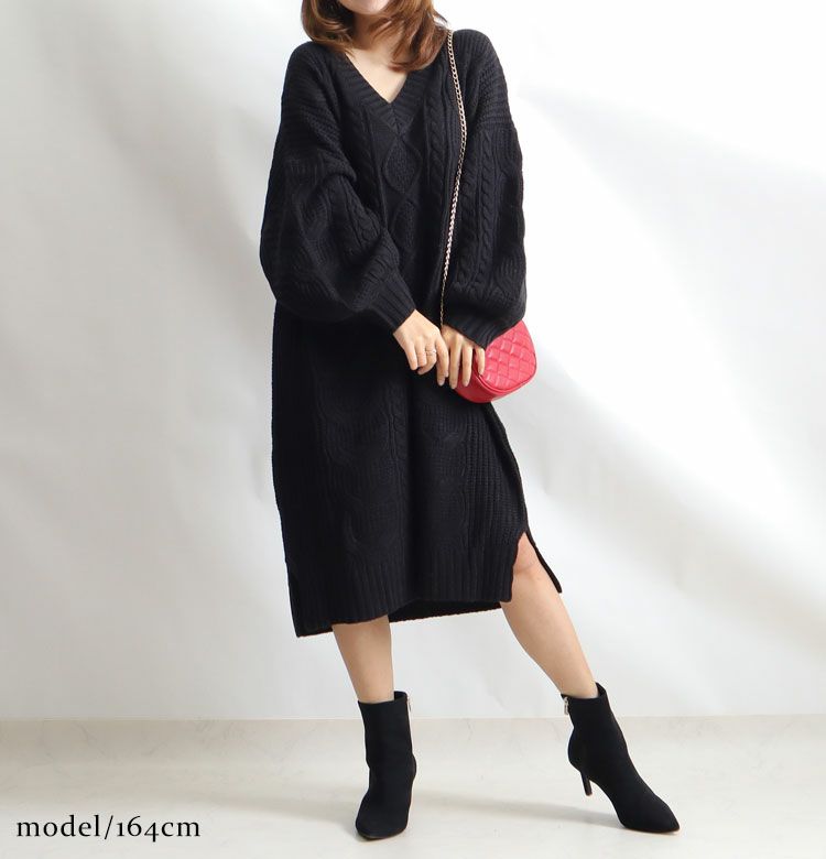 大きいサイズ レディース ケーブル編みニットワンピース　and-l5321