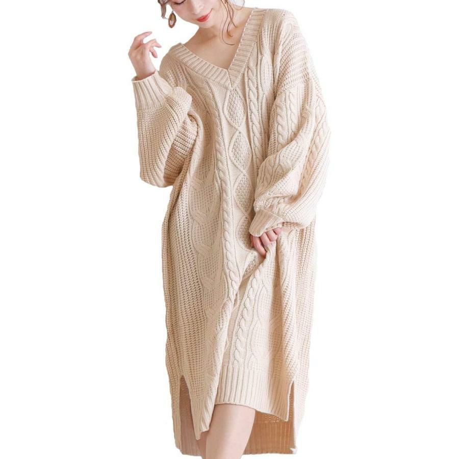 大きいサイズ レディース ケーブル編みニットワンピース　and-l5321 ベージュ