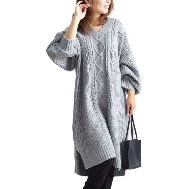 大きいサイズ レディース ケーブル編みニットワンピース　and-l5321 グレー