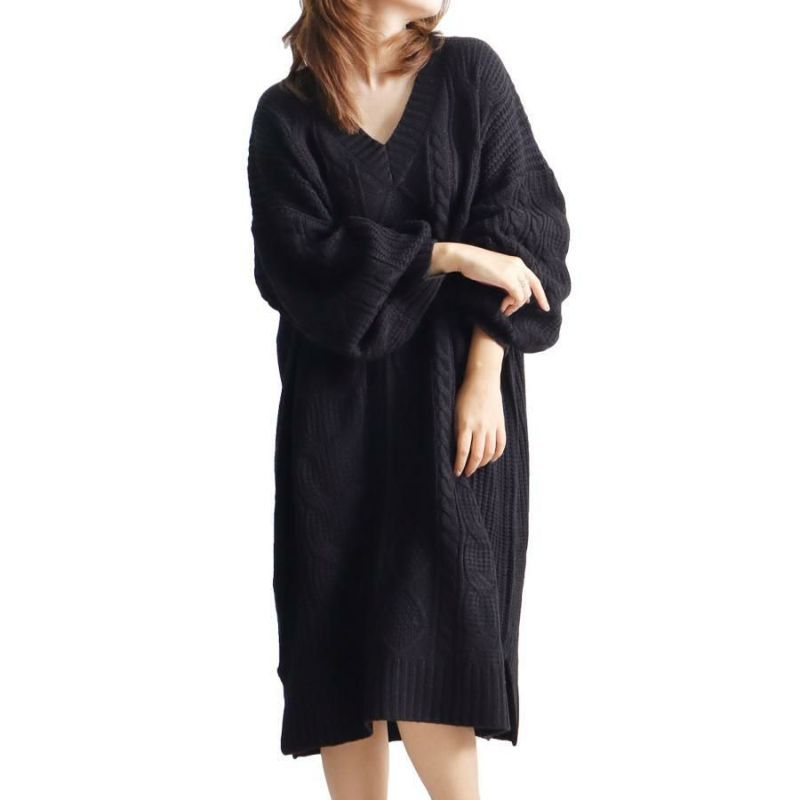 大きいサイズ レディース ケーブル編みニットワンピース　and-l5321 ブラック