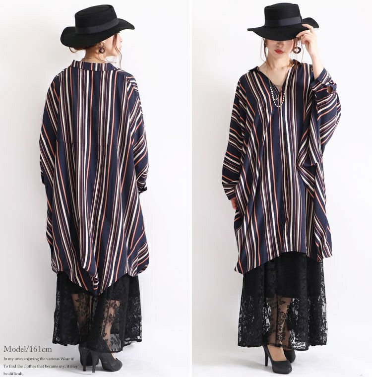 大きいサイズ レディース マルチストライプ柄スキッパーシャツ　nw-19017