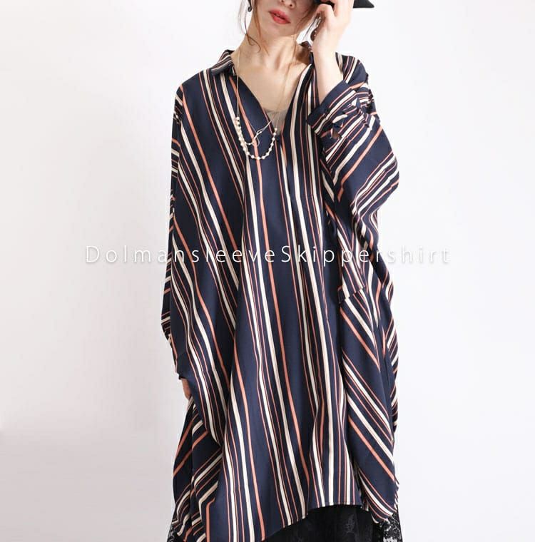 大きいサイズ レディース マルチストライプ柄スキッパーシャツ　nw-19017