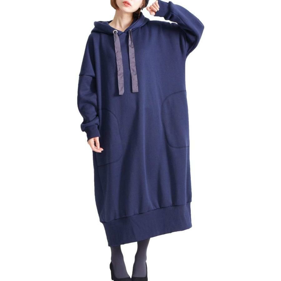 大きいサイズ レディース 裏起毛パーカーコクーンワンピース　toyo-0004 ネイビー