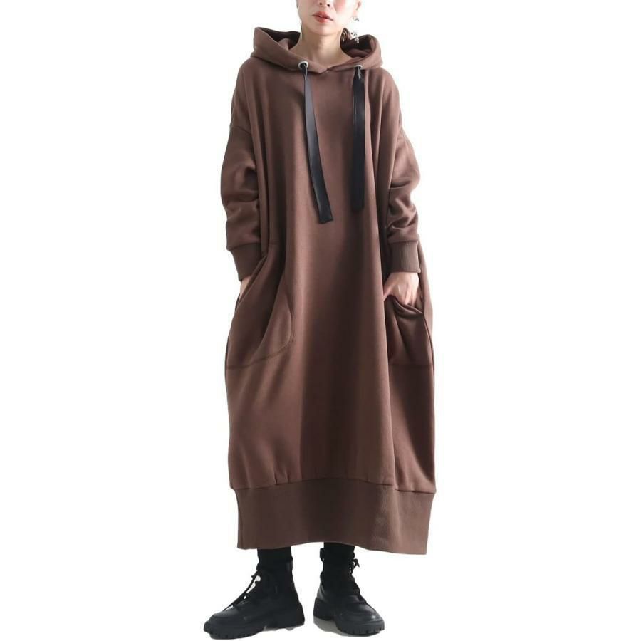 大きいサイズ レディース 裏起毛パーカーコクーンワンピース　toyo-0004 ブラウン