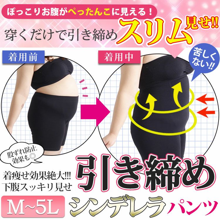 大きいサイズ レディース もう下腹出させない！楽して引き締めシンデレラパンツ　humio-043【メール便可】3分丈 股擦れ 股ズレ 股ずれ