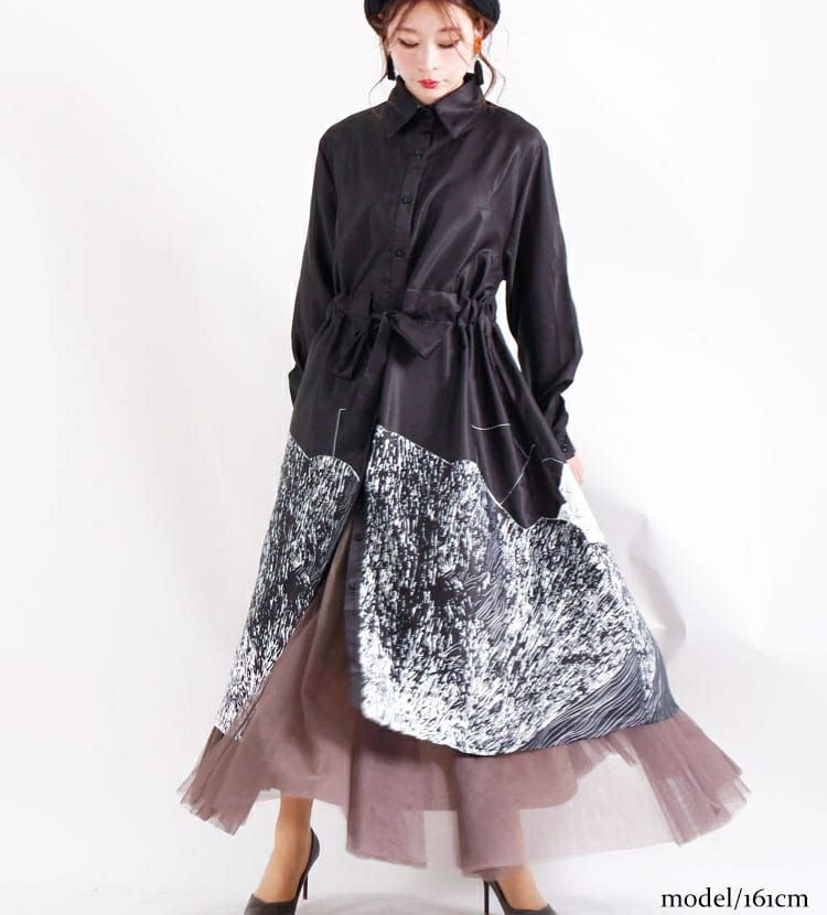 大きいサイズ レディース アート柄シャツワンピース　gold742