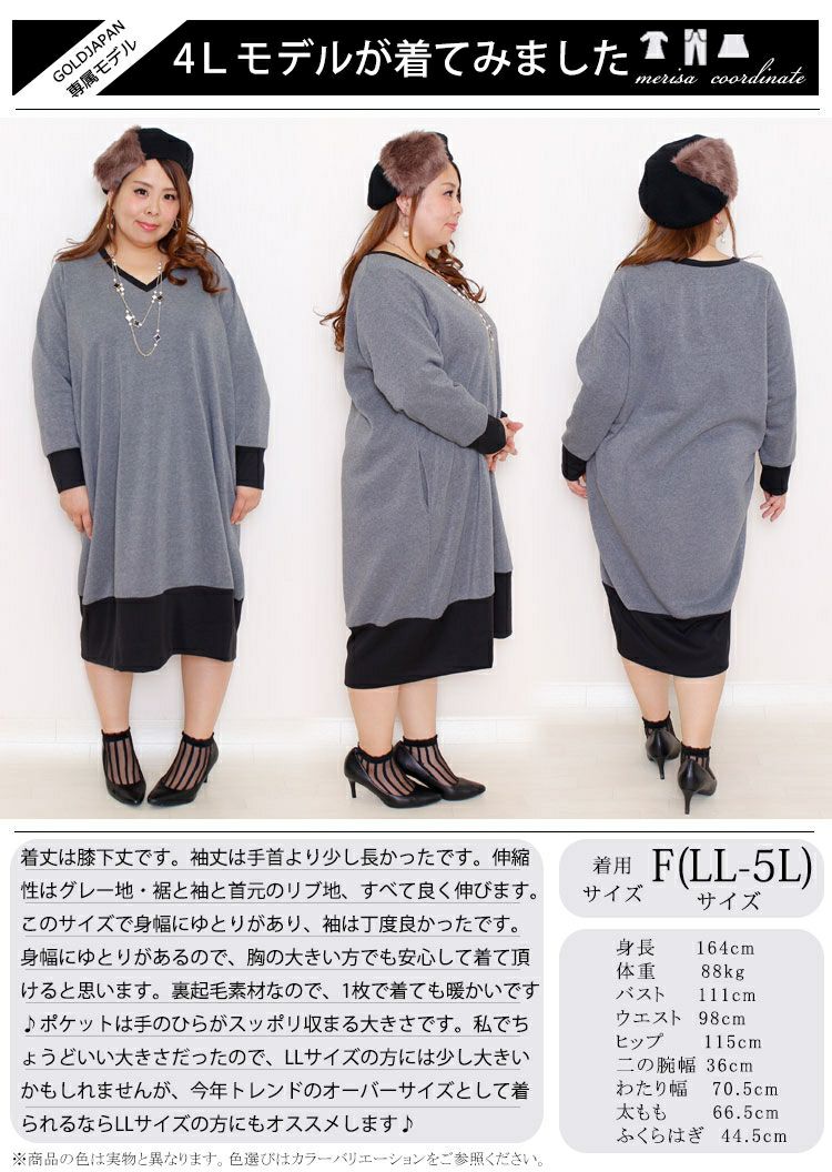 大きいサイズ レディース 裏起毛Vネックワンピース　humio-024