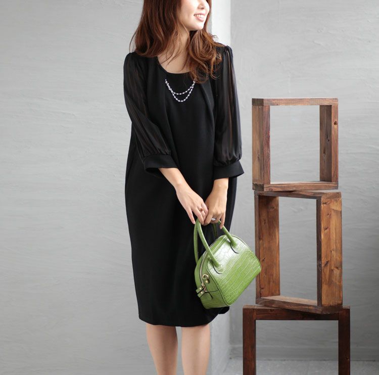 大きいサイズ レディース 通勤ネックレスチャーム付きシフォン袖ワンピース　フォーマル ワンピース mncut-102024