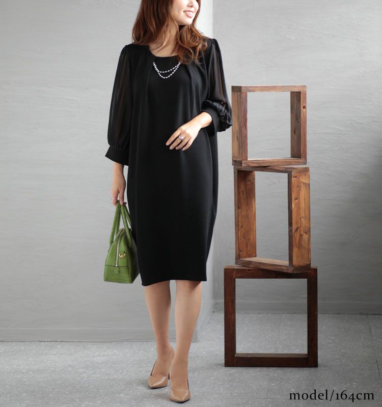 大きいサイズ レディース 通勤ネックレスチャーム付きシフォン袖ワンピース　フォーマル ワンピース mncut-102024