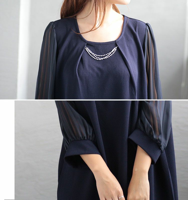 大きいサイズ レディース 通勤ネックレスチャーム付きシフォン袖ワンピース　フォーマル ワンピース mncut-102024