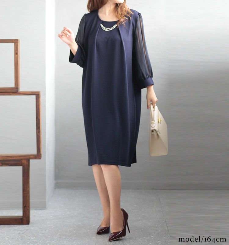 大きいサイズ レディース 通勤ネックレスチャーム付きシフォン袖ワンピース　フォーマル ワンピース mncut-102024