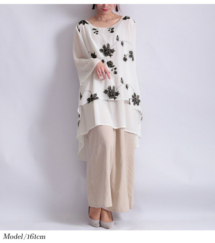 大きいサイズ レディース 花刺繍シフォンチュニック　jp213