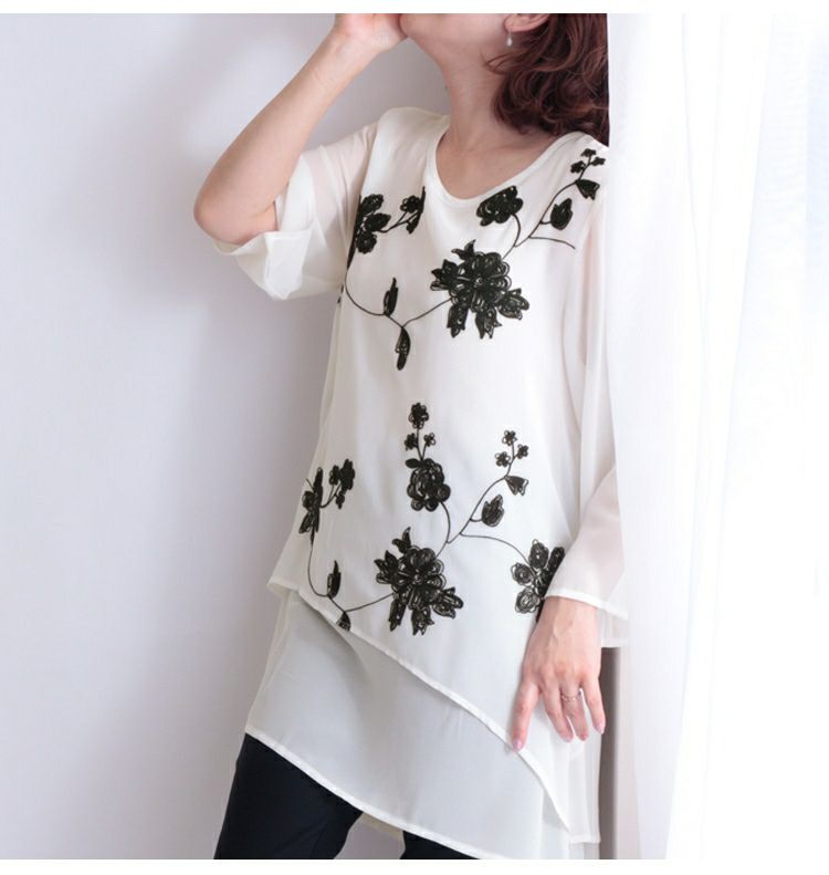 大きいサイズ レディース 花刺繍シフォンチュニック　jp213