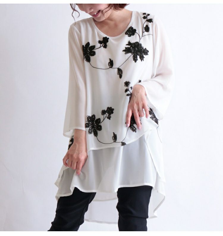 大きいサイズ レディース 花刺繍シフォンチュニック　jp213