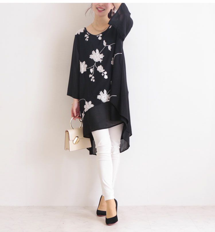 大きいサイズ レディース 花刺繍シフォンチュニック　jp213