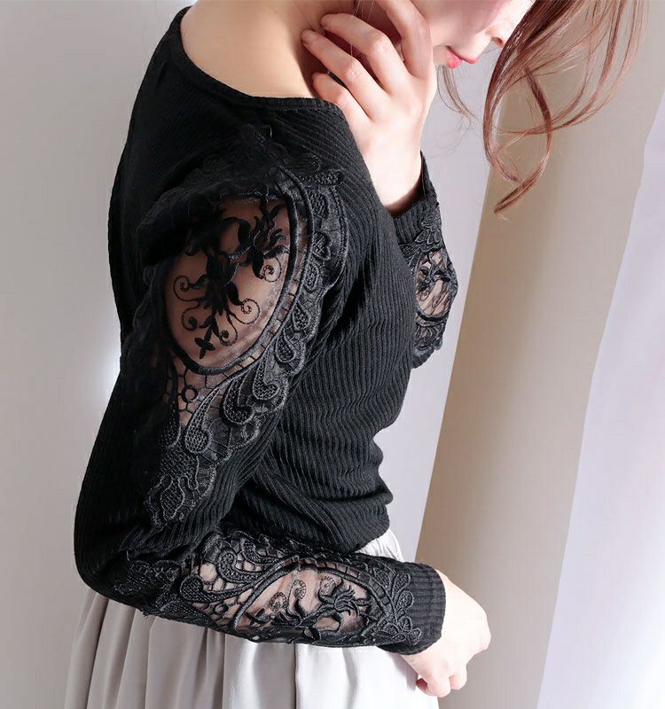 大きいサイズ レディース 肩レースVネックリブトップス　humio-042