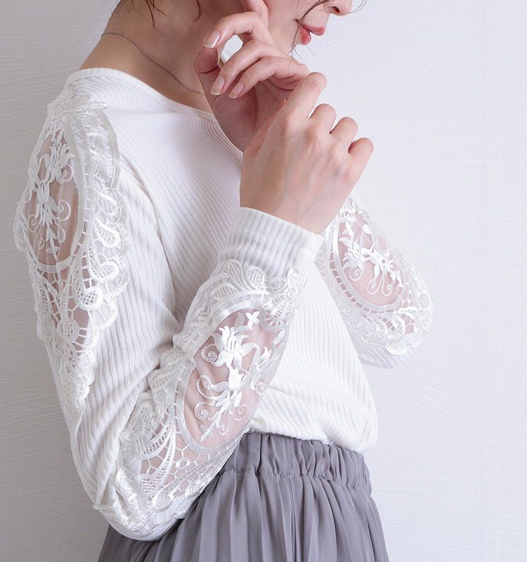 大きいサイズ レディース 肩レースVネックリブトップス　humio-042