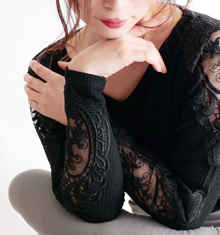 大きいサイズ レディース 肩レースVネックリブトップス　humio-042