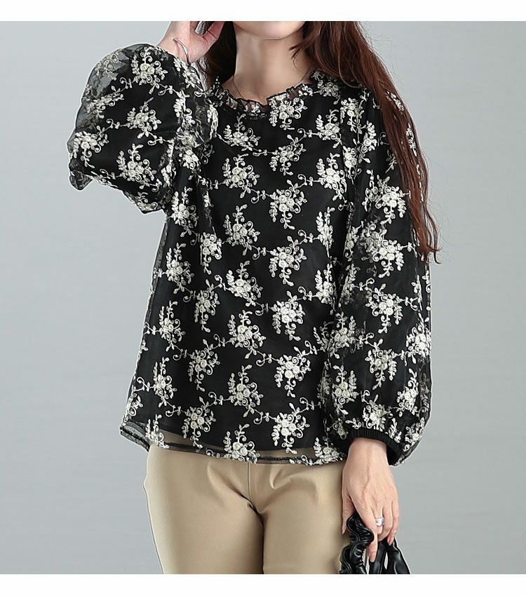 大きいサイズ レディース 刺繍チュールボリューム袖ブラウス　maru-31602