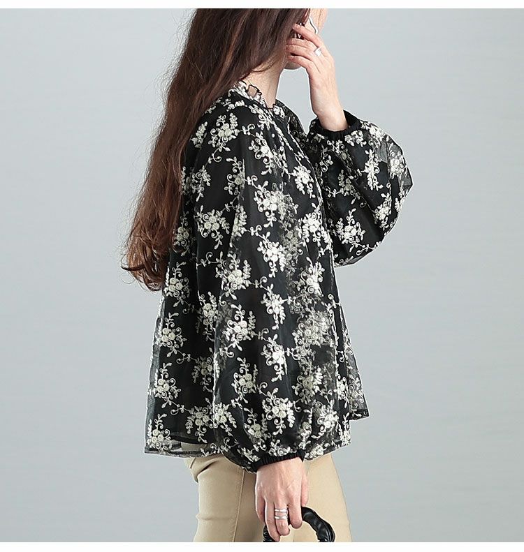 大きいサイズ レディース 刺繍チュールボリューム袖ブラウス　maru-31602