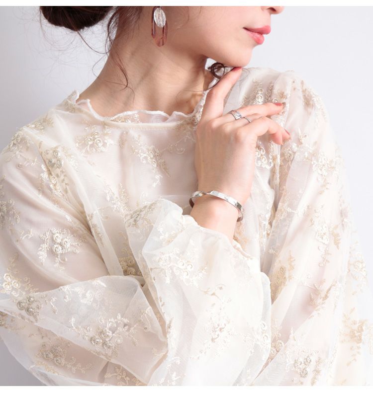 大きいサイズ レディース 刺繍チュールボリューム袖ブラウス　maru-31602