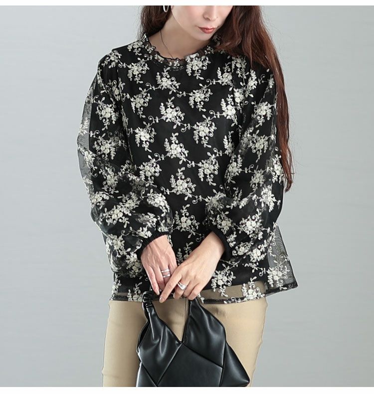 大きいサイズ レディース 刺繍チュールボリューム袖ブラウス　maru-31602