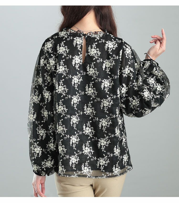 大きいサイズ レディース 刺繍チュールボリューム袖ブラウス　maru-31602