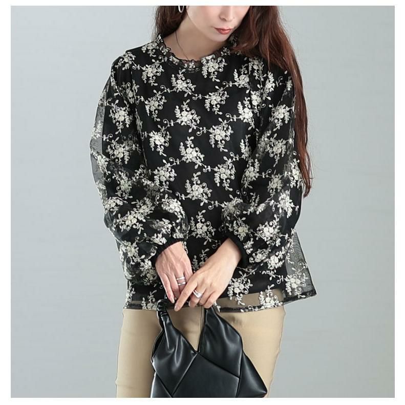 大きいサイズ レディース 刺繍チュールボリューム袖ブラウス　maru-31602 ブラック