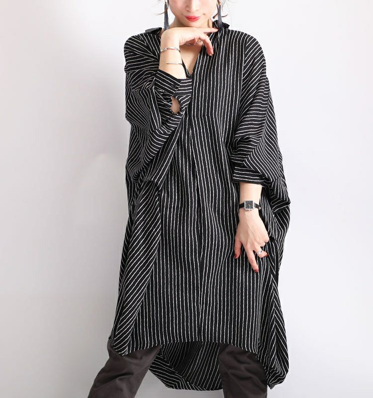 大きいサイズ レディース ストライプ柄ドルマンシャツチュニックワンピース　nw-20008