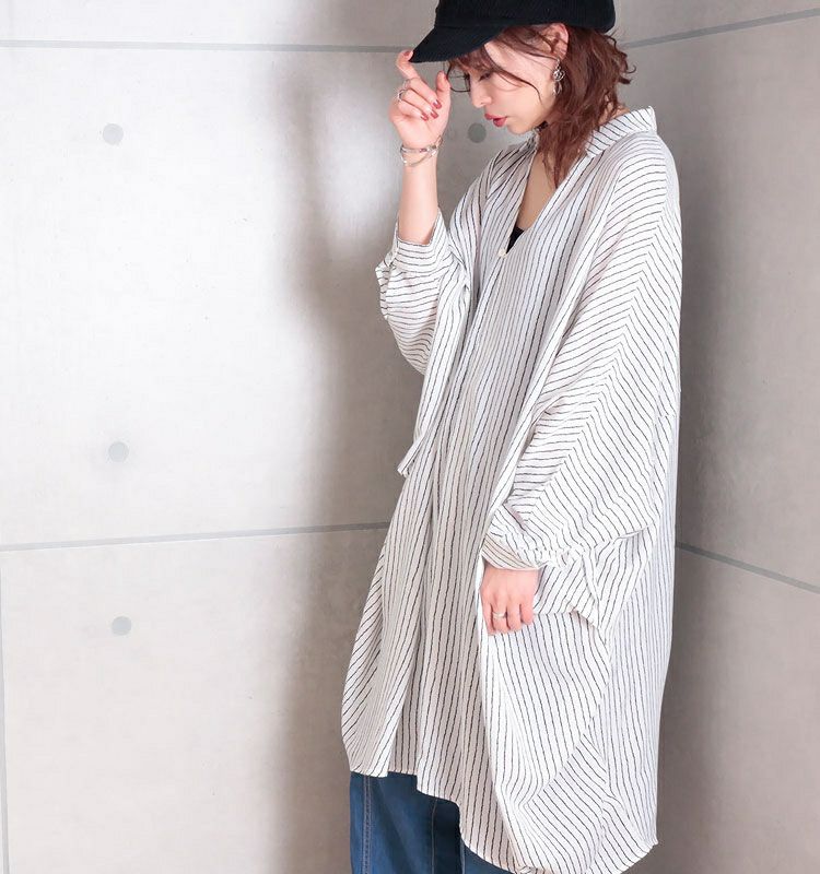 大きいサイズ レディース ストライプ柄ドルマンシャツチュニックワンピース　nw-20008