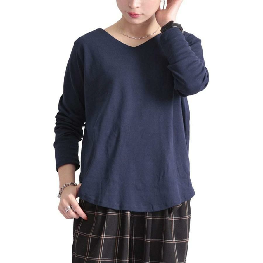 大きいサイズ レディース Vネックコットンカットソー　wk-0153 ネイビー