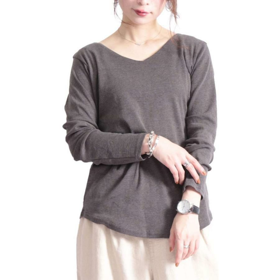 大きいサイズ レディース Vネックコットンカットソー　wk-0153 チャコールグレー