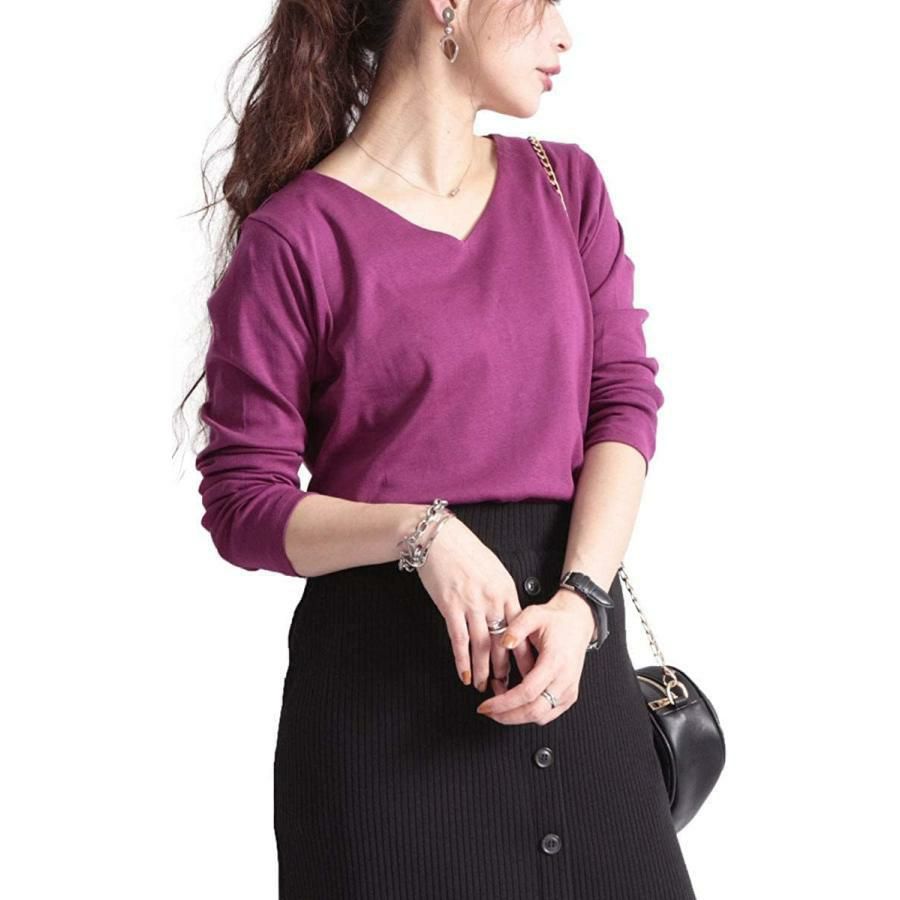 大きいサイズ レディース Vネックコットンカットソー　wk-0153 ラズベリー