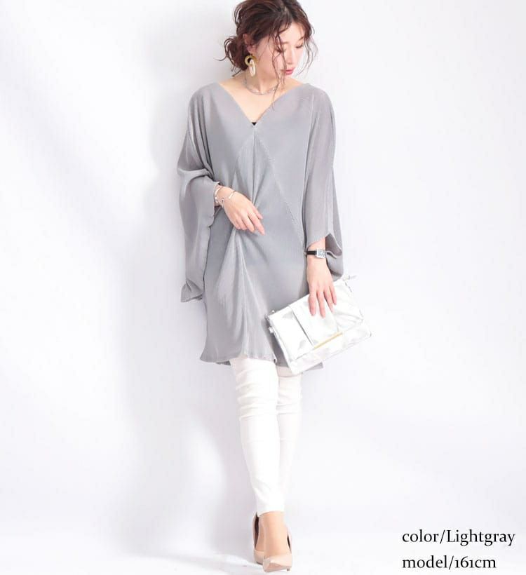大きいサイズ レディース Ｖネックドルマンプリーツチュニック　nw-20009