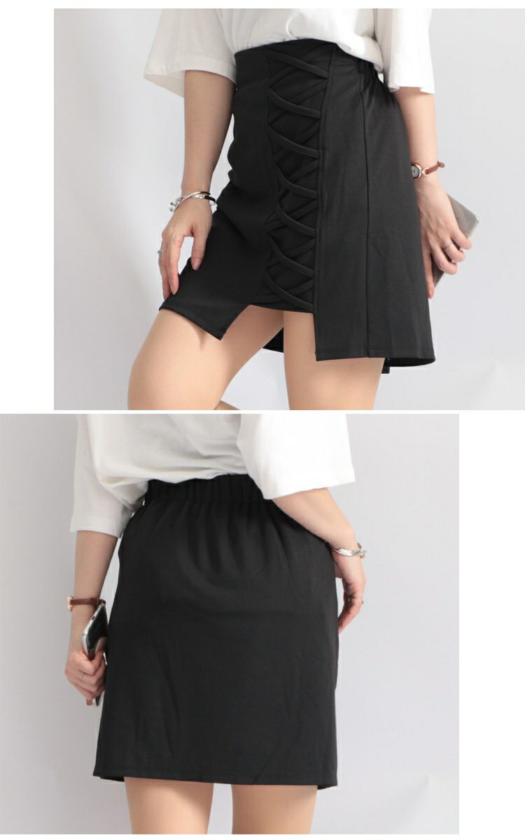 大きいサイズ レディース フェイクレースアップミニスカート　fem-048