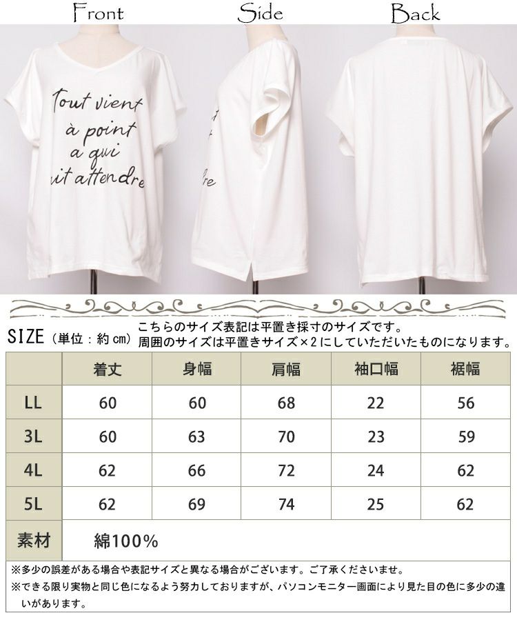 大きいサイズ レディース VネックロゴTシャツ　jp254