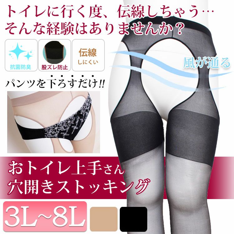 大きいサイズ レディース 【おトイレ上手さん パンツを下ろすだけ！】日本製穴あきストッキング　pure-009【メール便可】