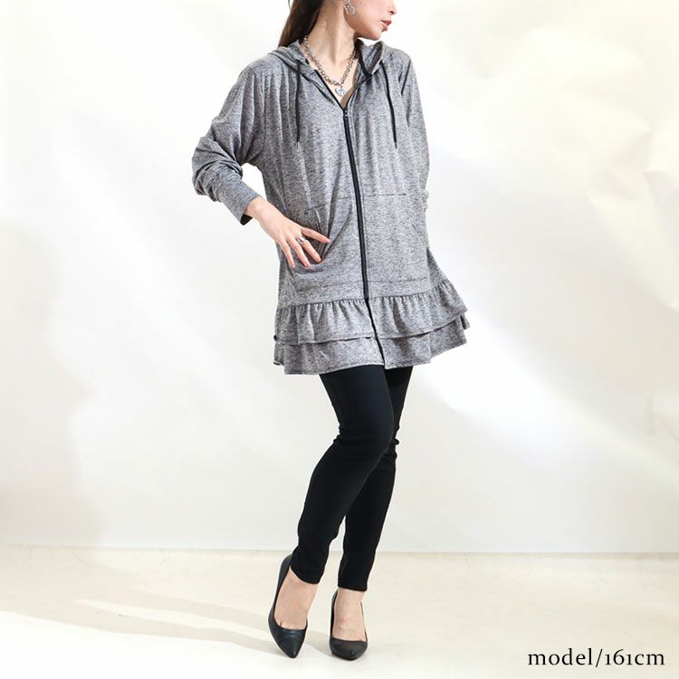 大きいサイズ レディース UVカット＆吸水速乾ラッシュガード裾フリルZIPパーカー　map-3