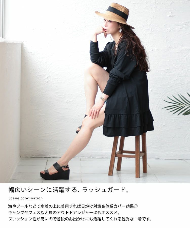 大きいサイズ レディース UVカット＆吸水速乾ラッシュガード裾フリルZIPパーカー　map-3